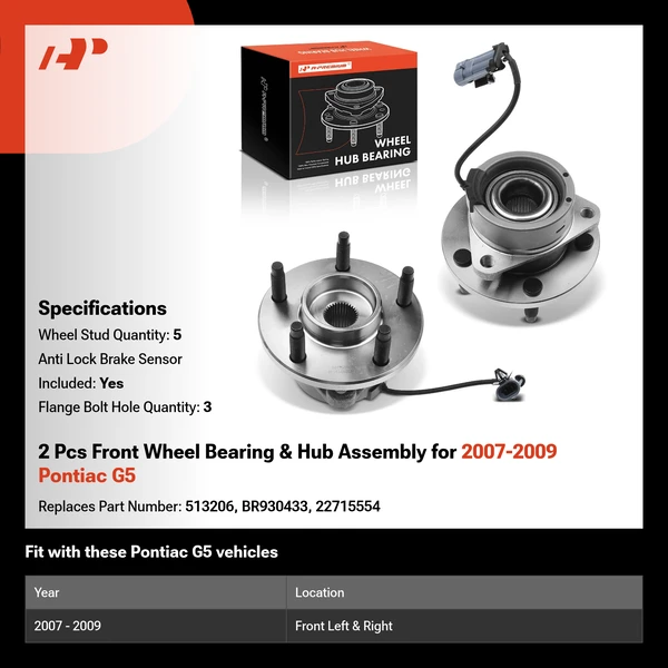2 Pcs Front Wheel Bearing & Hub Assembly for 2007-2009 Pontiac G5