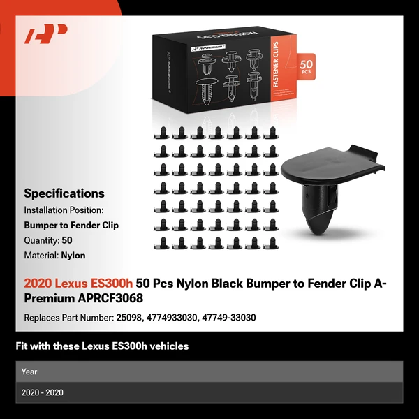 2020 Lexus ES300h 50 Pcs Nylon Black Bumper to Fender Clip A-Premium APRCF3068
