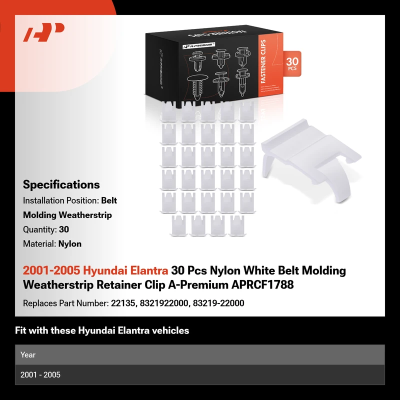 2001-2005 Hyundai Elantra 30 Pcs Nylon White Belt Molding Weatherstrip Retainer Clip A-Premium APRCF1788