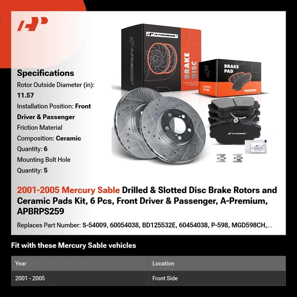 2001-2005 Mercury Sable Drilled & Slotted Disc Brake Rotors and Ceramic Pads Kit, 6 Pcs, Front Driver & Passenger, A-Premium, APBRPS259