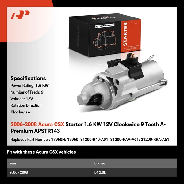 2006-2008 Acura CSX Starter 1.6 KW 12V Clockwise 9 Teeth A-Premium APSTR143