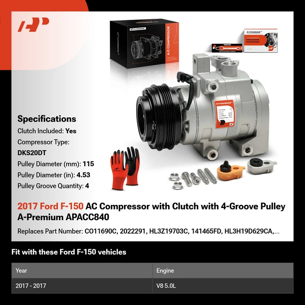 2017 Ford F-150 AC Compressor with Clutch with 4-Groove Pulley A-Premium APACC840