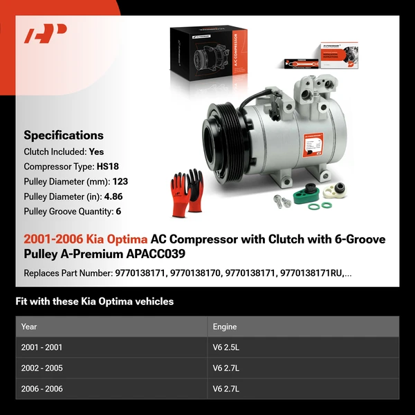 2001-2006 Kia Optima AC Compressor with Clutch with 6-Groove Pulley A-Premium APACC039