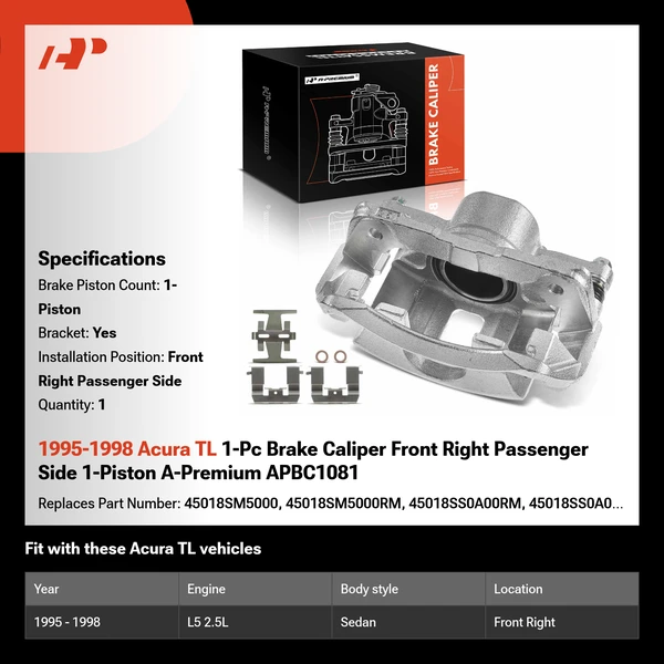 1995-1998 Acura TL 1-Pc Brake Caliper Front Right Passenger Side 1-Piston A-Premium APBC1081