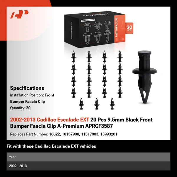 2002-2013 Cadillac Escalade EXT 20 Pcs 9.5mm Black Front Bumper Fascia Clip A-Premium APRCF3587
