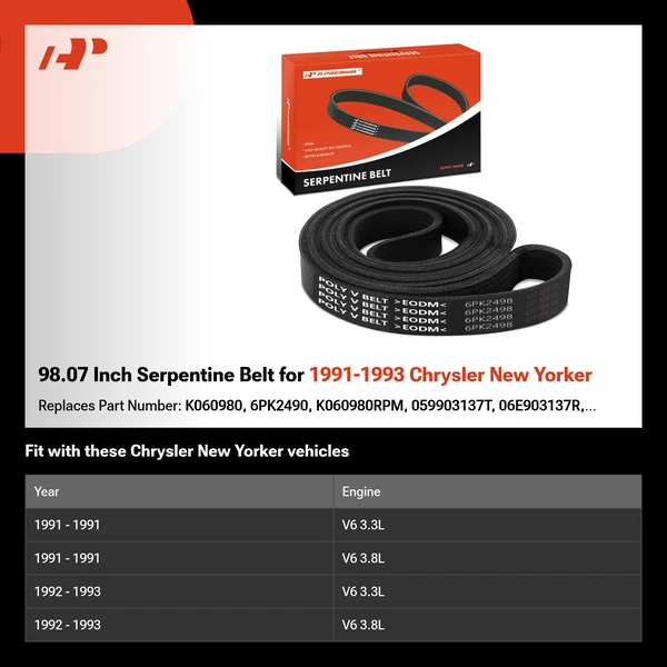 98.07 Inch Serpentine Belt for 1991-1993 Chrysler New Yorker
