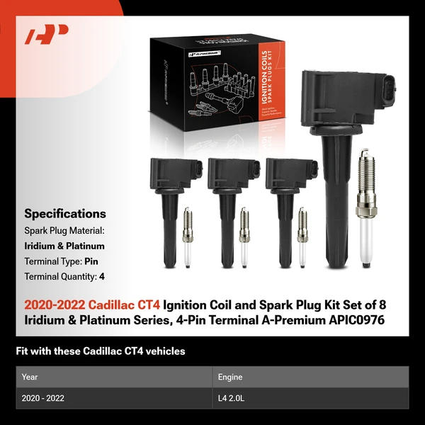 2020-2022 Cadillac CT4 Ignition Coil and Spark Plug Kit Set of 8 Iridium & Platinum Series, 4-Pin Terminal A-Premium APIC0976