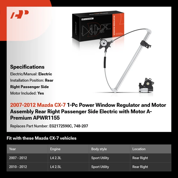 2007-2012 Mazda CX-7 1-Pc Power Window Regulator and Motor Assembly Rear Right Passenger Side Electric with Motor A-Premium APWR1155