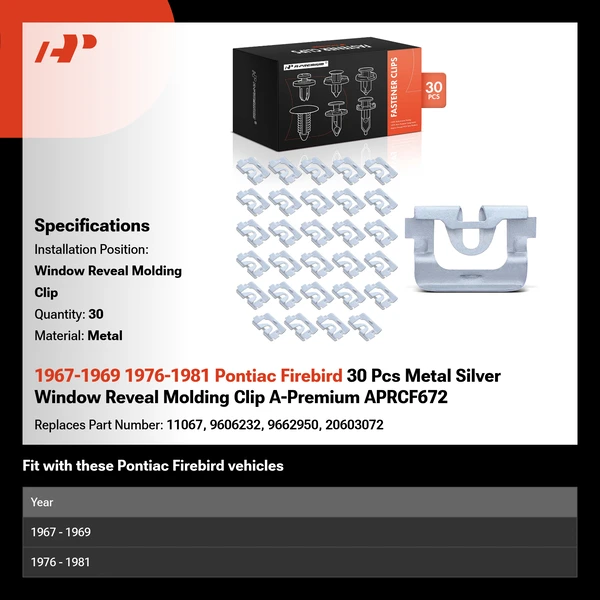 1967-1969 1976-1981 Pontiac Firebird 30 Pcs Metal Silver Window Reveal Molding Clip A-Premium APRCF672