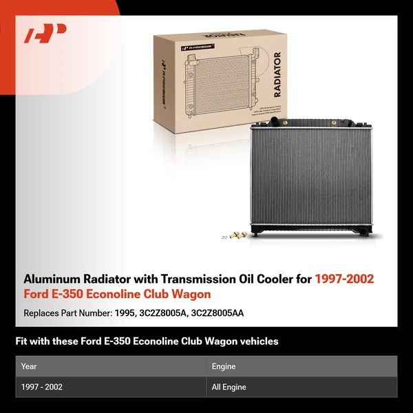 Aluminum Radiator with Transmission Oil Cooler for 1997-2002 Ford E-350 Econoline Club Wagon
