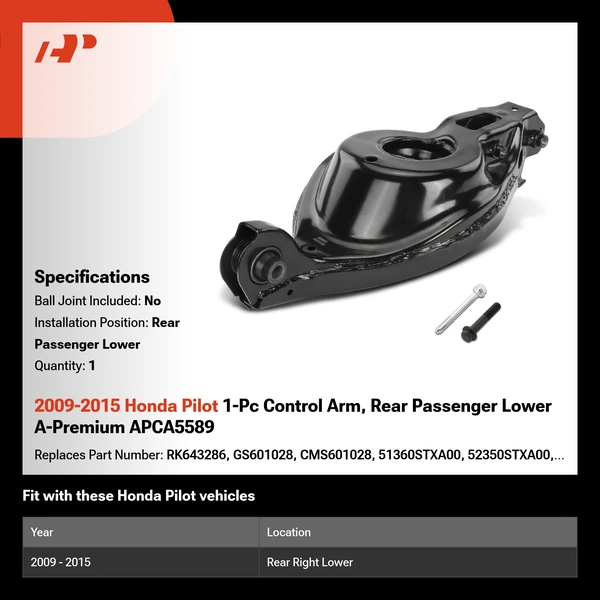 2009-2015 Honda Pilot 1-Pc Control Arm, Rear Passenger Lower A-Premium APCA5589