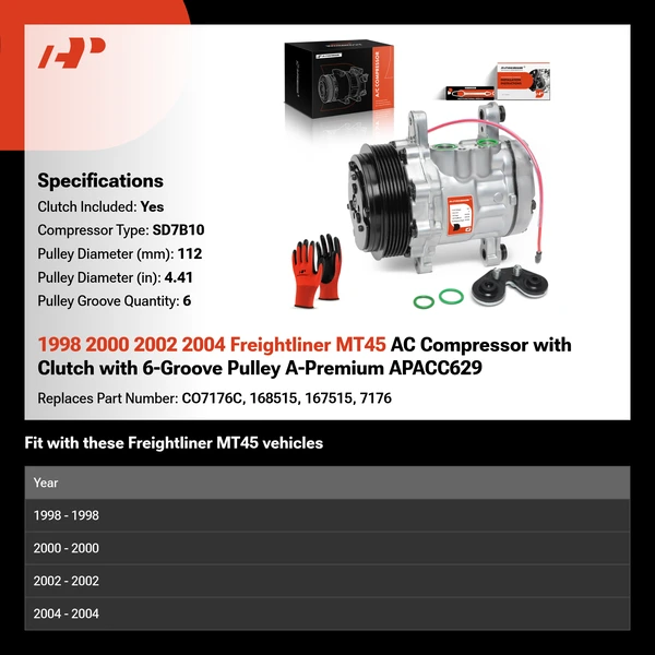 1998 2000 2002 2004 Freightliner MT45 AC Compressor with Clutch with 6-Groove Pulley A-Premium APACC629