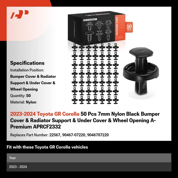 2023-2024 Toyota GR Corolla 50 Pcs 7mm Nylon Black Bumper Cover & Radiator Support & Under Cover & Wheel Opening A-Premium APRCF2332