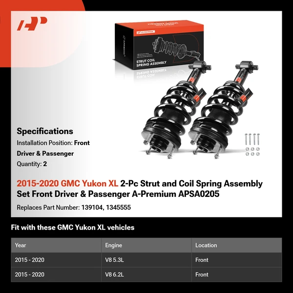 2015-2020 GMC Yukon XL 2-Pc Strut and Coil Spring Assembly Set Front Driver & Passenger A-Premium APSA0205
