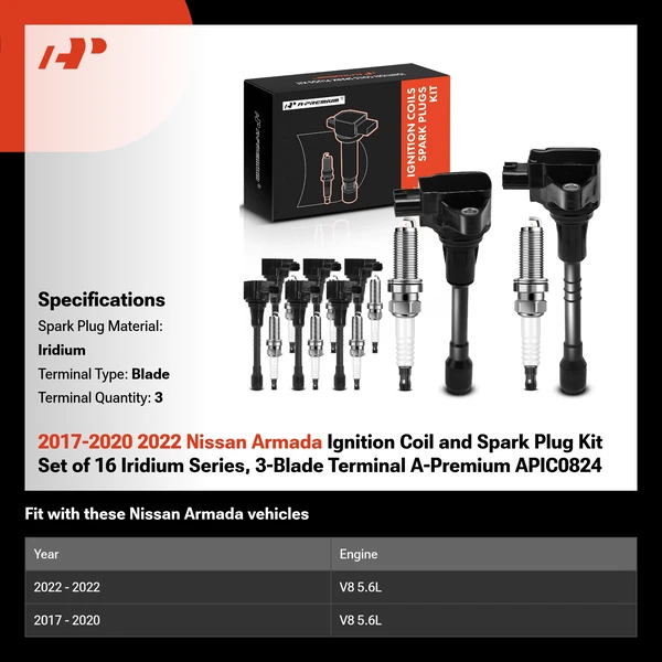 2017-2020 2022 Nissan Armada Ignition Coil and Spark Plug Kit Set of 16 Iridium Series, 3-Blade Terminal A-Premium APIC0824