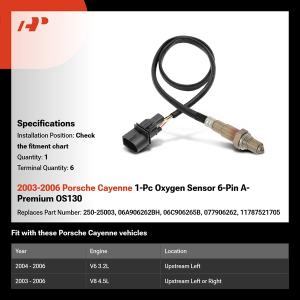 2003-2006 Porsche Cayenne 1-Pc Oxygen Sensor 6-Pin A-Premium OS130