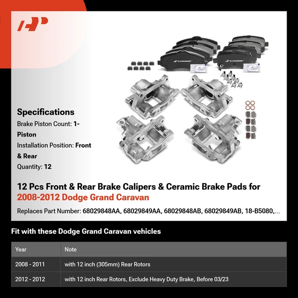 12 Pcs Front & Rear Brake Calipers & Ceramic Brake Pads for 2008-2012 Dodge Grand Caravan