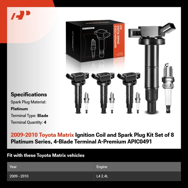 2009-2010 Toyota Matrix Ignition Coil and Spark Plug Kit Set of 8 Platinum Series, 4-Blade Terminal A-Premium APIC0491