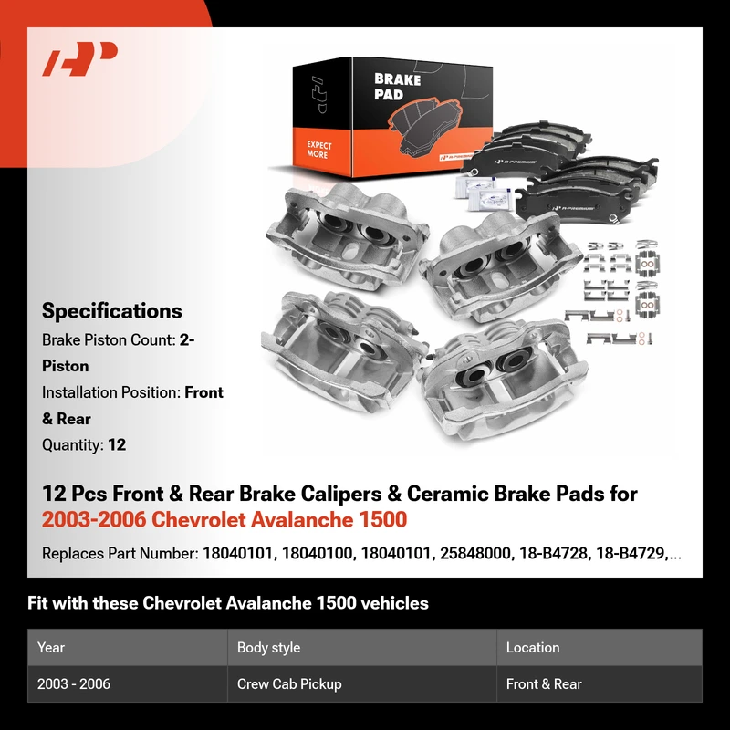 12 Pcs Front & Rear Brake Calipers & Ceramic Brake Pads for 2003-2006 Chevrolet Avalanche 1500