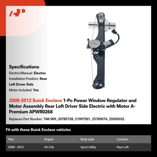 2008-2012 Buick Enclave 1-Pc Power Window Regulator and Motor Assembly Rear Left Driver Side Electric with Motor A-Premium APWR0268