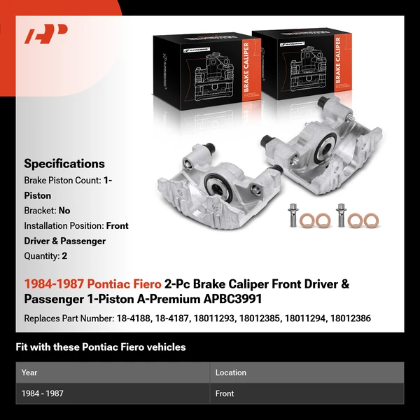 1984-1987 Pontiac Fiero 2-Pc Brake Caliper Front Driver & Passenger 1-Piston A-Premium APBC3991