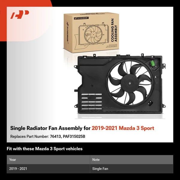 Single Radiator Fan Assembly for 2019-2021 Mazda 3 Sport
