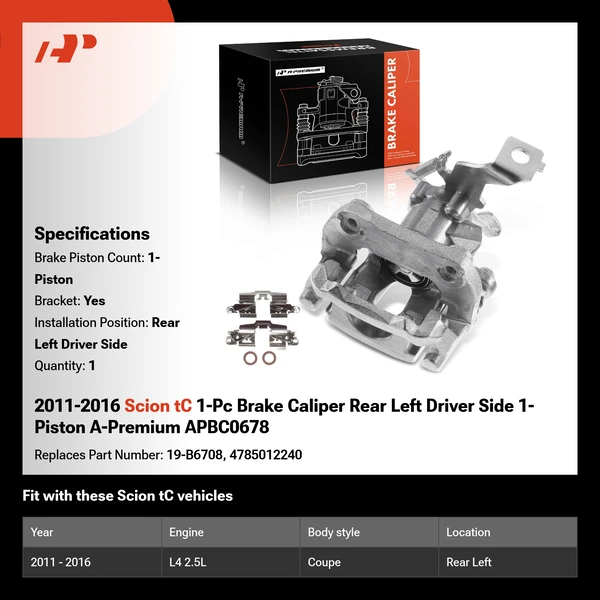 2011-2016 Scion tC 1-Pc Brake Caliper Rear Left Driver Side 1-Piston A-Premium APBC0678