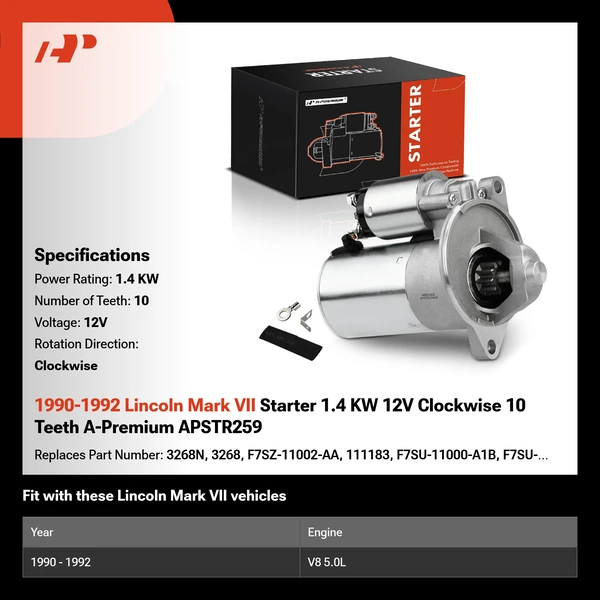 1990-1992 Lincoln Mark VII Starter 1.4 KW 12V Clockwise 10 Teeth A-Premium APSTR259