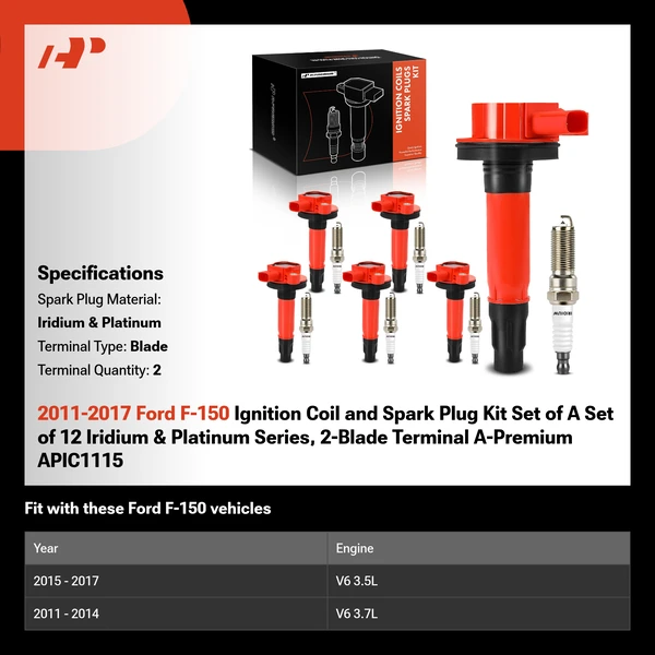2011-2017 Ford F-150 Ignition Coil and Spark Plug Kit Set of A Set of 12 Iridium & Platinum Series, 2-Blade Terminal A-Premium APIC1115