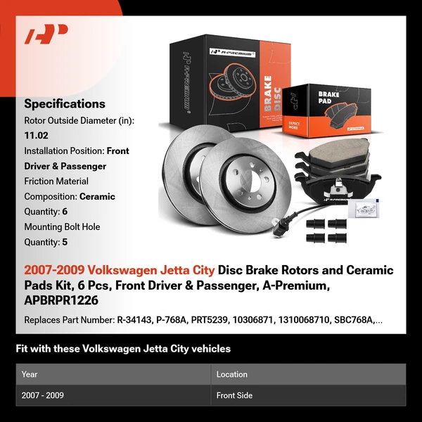 2007-2009 Volkswagen Jetta City Disc Brake Rotors and Ceramic Pads Kit, 6 Pcs, Front Driver & Passenger, A-Premium, APBRPR1226