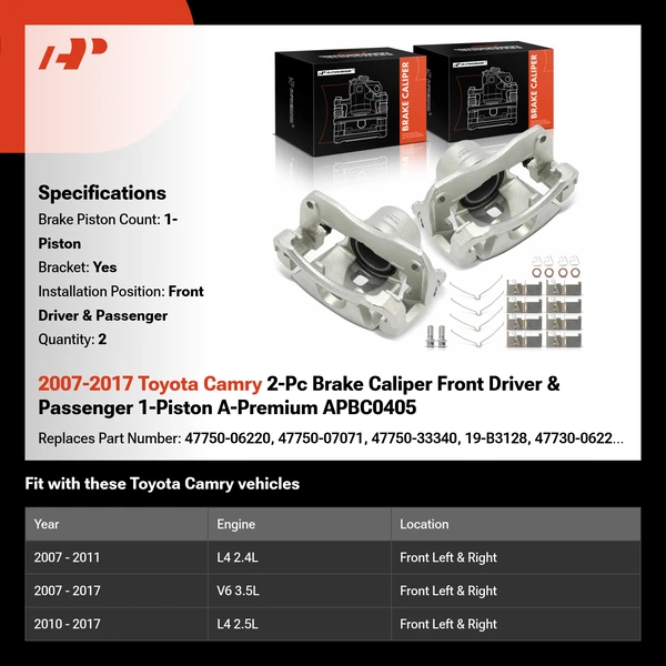 2007-2017 Toyota Camry 2-Pc Brake Caliper Front Driver & Passenger 1-Piston A-Premium APBC0405