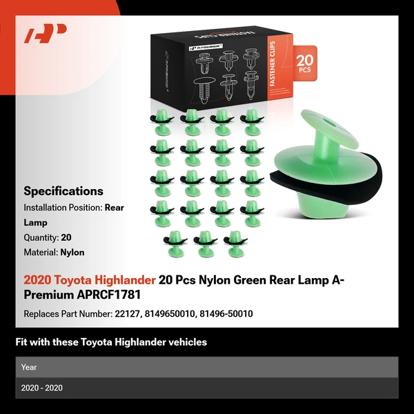2020 Toyota Highlander 20 Pcs Nylon Green Rear Lamp A-Premium APRCF1781