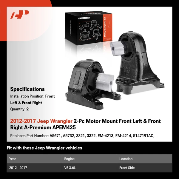 2012-2017 Jeep Wrangler 2-Pc Motor Mount Front Left & Front Right A-Premium APEM425