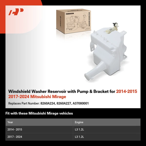 Windshield Washer Reservoir with Pump & Bracket for 2014-2015 2017-2024 Mitsubishi Mirage