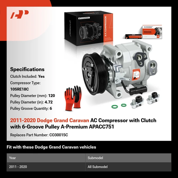 2011-2020 Dodge Grand Caravan AC Compressor with Clutch with 6-Groove Pulley A-Premium APACC751