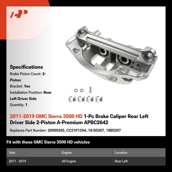 2011-2019 GMC Sierra 3500 HD 1-Pc Brake Caliper Rear Left Driver Side 2-Piston A-Premium APBC2642