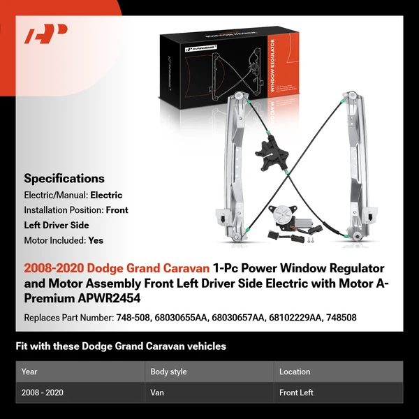 2008-2020 Dodge Grand Caravan 1-Pc Power Window Regulator and Motor Assembly Front Left Driver Side Electric with Motor A-Premium APWR2454