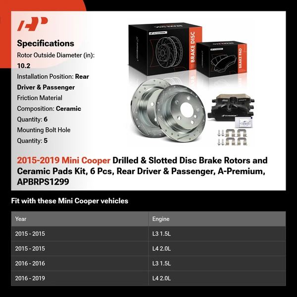2015-2019 Mini Cooper Drilled & Slotted Disc Brake Rotors and Ceramic Pads Kit, 6 Pcs, Rear Driver & Passenger, A-Premium, APBRPS1299
