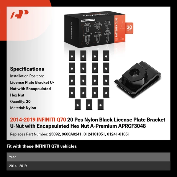 2014-2019 INFINITI Q70 20 Pcs Nylon Black License Plate Bracket U-Nut with Encapsulated Hex Nut A-Premium APRCF3048