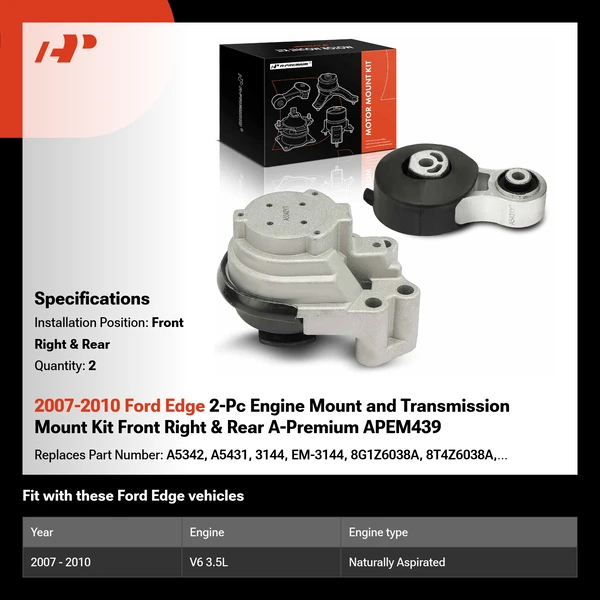 2007-2010 Ford Edge 2-Pc Engine Mount and Transmission Mount Kit Front Right & Rear A-Premium APEM439