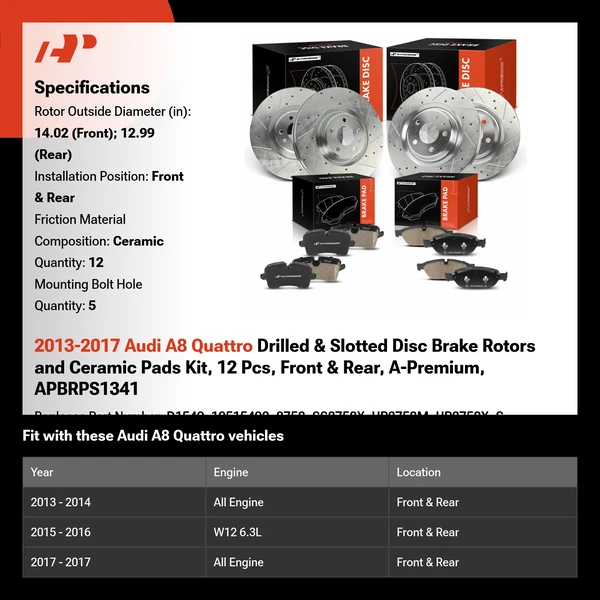 2013-2017 Audi A8 Quattro Drilled & Slotted Disc Brake Rotors and Ceramic Pads Kit, 12 Pcs, Front & Rear, A-Premium, APBRPS1341