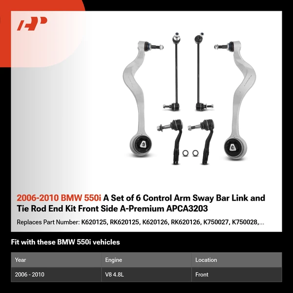 2006-2010 BMW 550i A Set of 6 Control Arm Sway Bar Link and Tie Rod End Kit Front Side A-Premium APCA3203