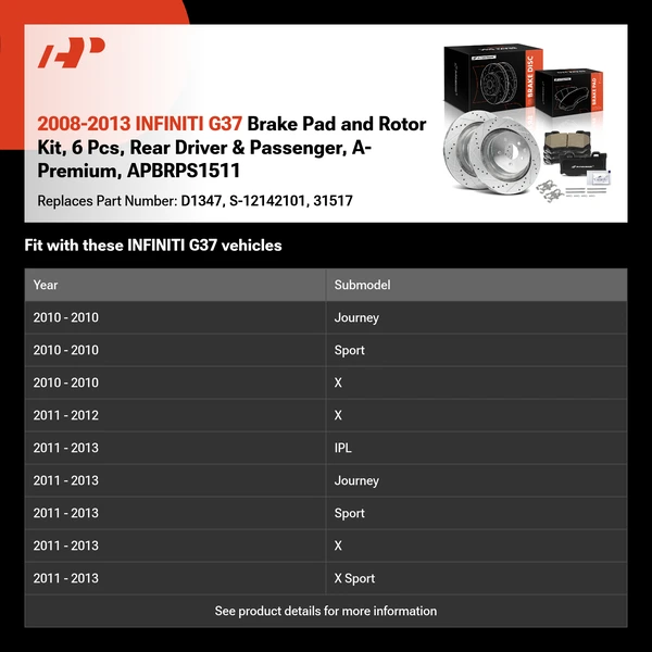 2008-2013 INFINITI G37 Brake Pad and Rotor Kit, 6 Pcs, Rear Driver & Passenger, A-Premium, APBRPS1511
