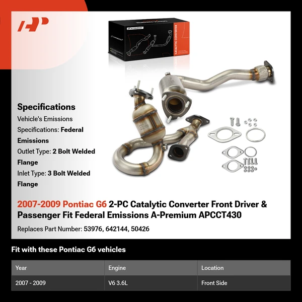 2007-2009 Pontiac G6 2-PC Catalytic Converter Front Driver & Passenger Fit Federal Emissions A-Premium APCCT430