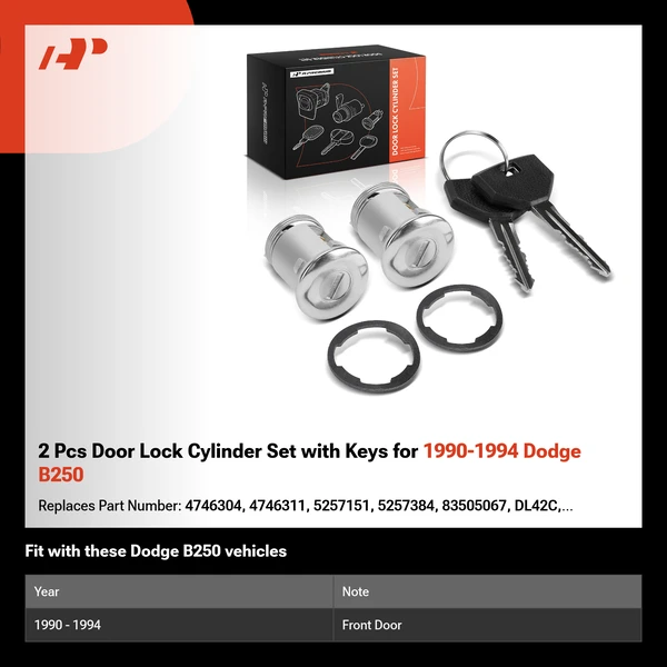 2 Pcs Door Lock Cylinder Set with Keys for 1990-1994 Dodge B250