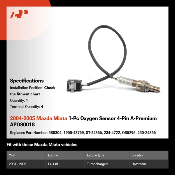 2004-2005 Mazda Miata 1-Pc Oxygen Sensor 4-Pin A-Premium APOS0018