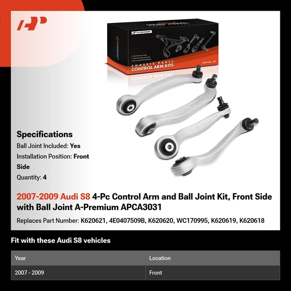 2007-2009 Audi S8 4-Pc Control Arm and Ball Joint Kit, Front Side with Ball Joint A-Premium APCA3031
