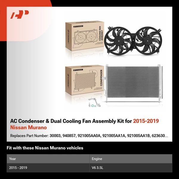 AC Condenser & Dual Cooling Fan Assembly Kit for 2015-2019 Nissan Murano