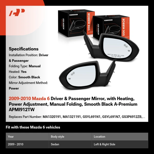 2009-2010 Mazda 6 Driver & Passenger Mirror, with Heating, Power Adjustment, Manual Folding, Smooth Black A-Premium APMI912TW