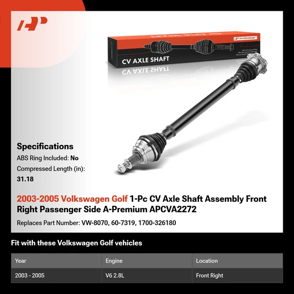 2003-2005 Volkswagen Golf 1-Pc CV Axle Shaft Assembly Front Right Passenger Side A-Premium APCVA2272